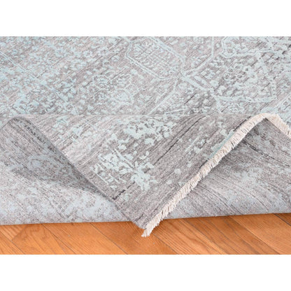 8'X10' Green Wool And Silk Hand Knotted Broken Zoroastrian Design Rug