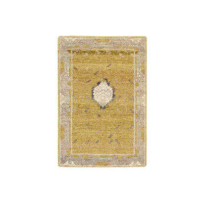 2'1"X3'1" Golden Yellow Pinecone Design Hand Knotted Pure Wool Mat Rug