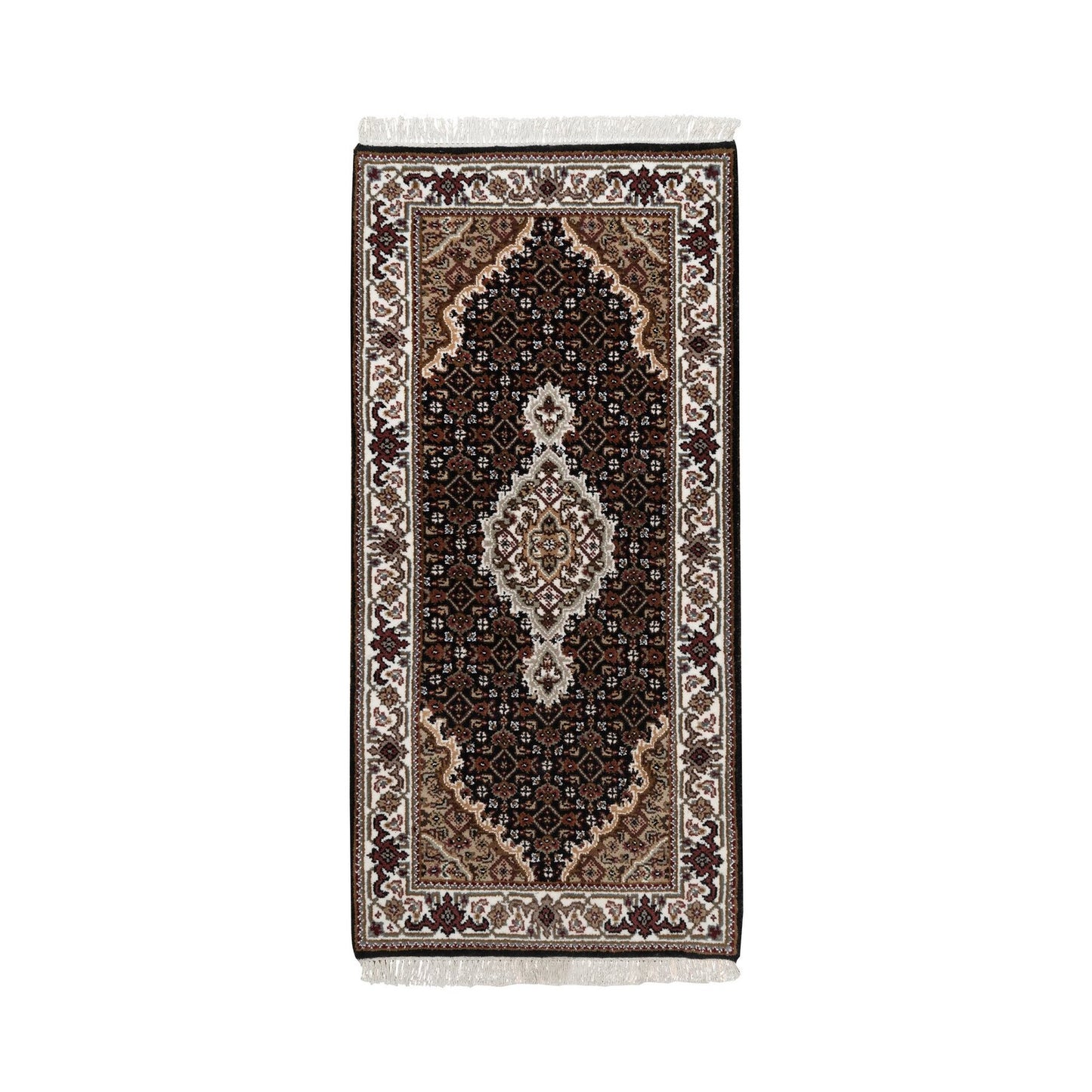 2'X4'2" Black Tebraz Mahi With Medallion Design Wool Hand Knotted Mat Rug