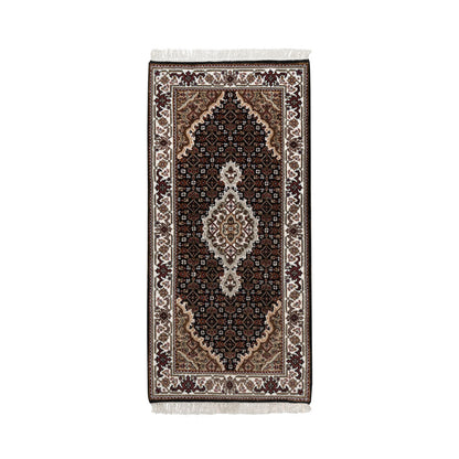 2'X4'2" Black Tebraz Mahi With Medallion Design Wool Hand Knotted Mat Rug