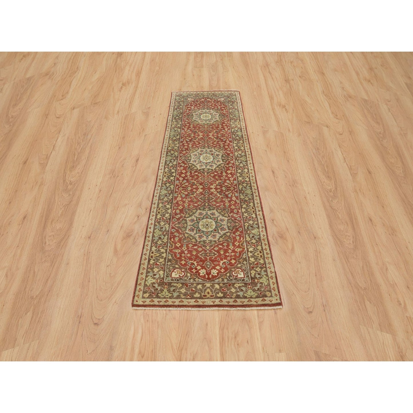 2'6"X8'3" Rust & Brown Antiqued Haji Design Hand Knotted Wool Runner Rug
