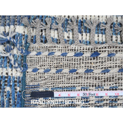 6'X10'4" Blue Moroccan Weave With Line Design Soft Wool Hand Knotted Rug