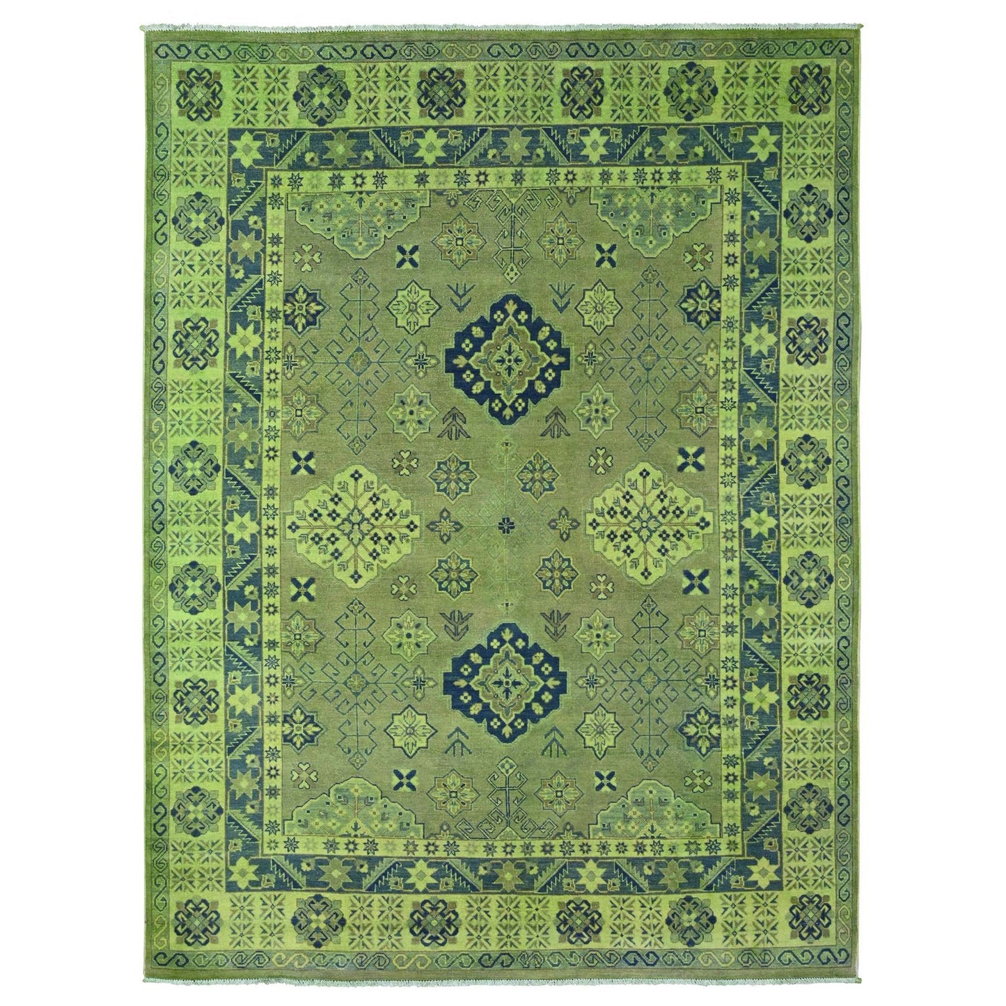 7'5"X10' Olive Green Hand Knotted Overdyed Kazak Tribal Design Wool Rug