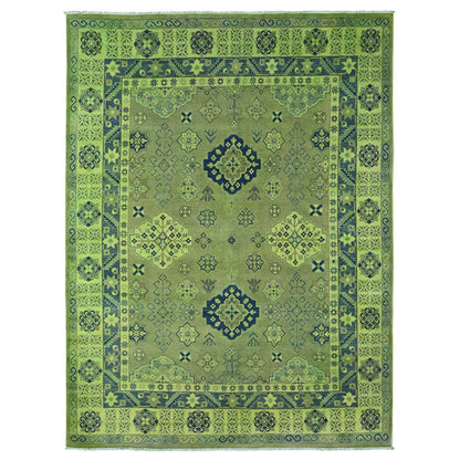 7'5"X10' Olive Green Hand Knotted Overdyed Kazak Tribal Design Wool Rug