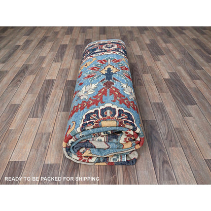 9'2"X11'8" Blue Peshawar With Heris All Over Design Wool Hand Knotted Rug