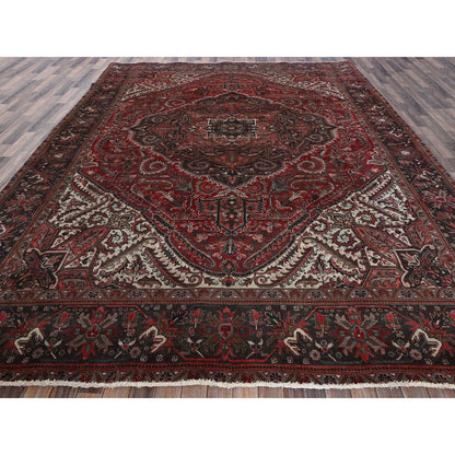 10'X12'3" Red Vintage And Worn Zoroastrian Heris Hand Knotted All Wool Rug