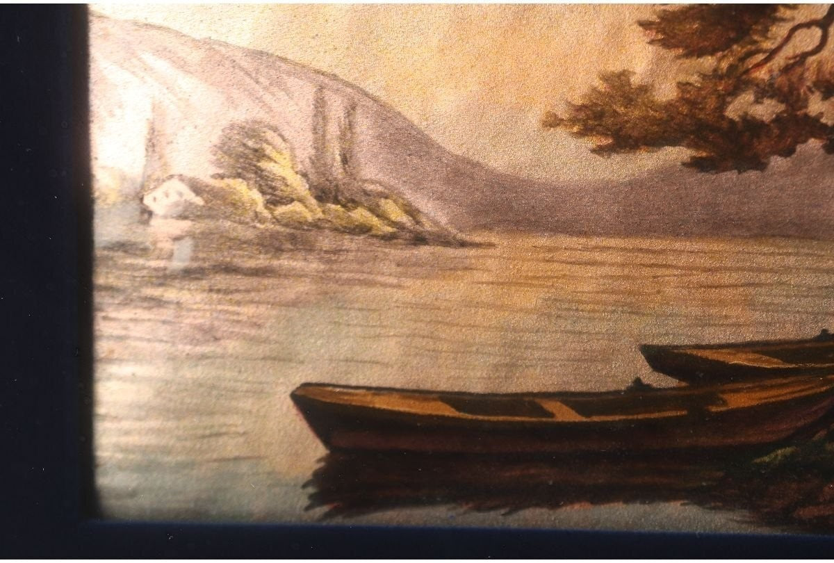 19Thc Limoges Enamel Miniature By F. Cibol  Lake Landscape Boats France