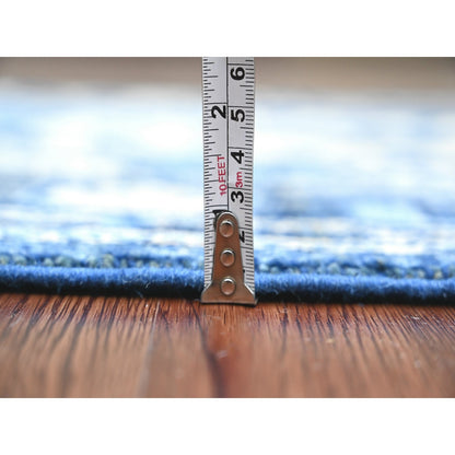 2'9"X19'7" Blue Hand Knotted Angora Oushak Leaf Design Wool Runner Rug