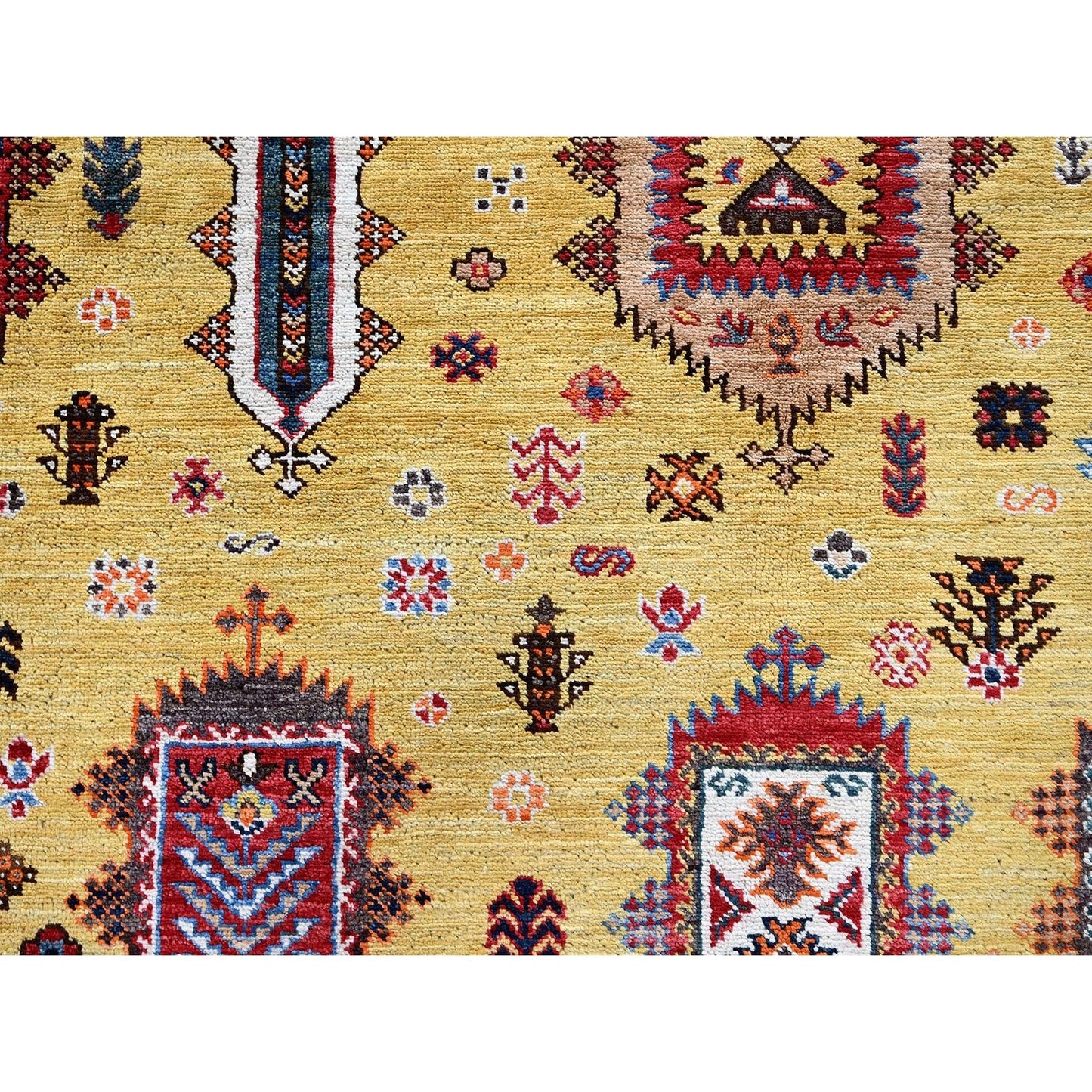 Soft Wool Hand-Knotted Afghan Rug in Yellow with Caucasian Design (8'3"x9'8")