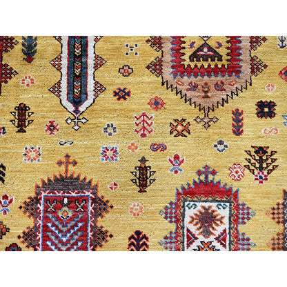 Soft Wool Hand-Knotted Afghan Rug in Yellow with Caucasian Design (8'3"x9'8")