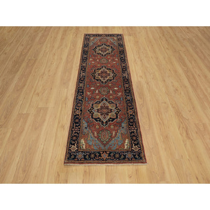 2'6"X8'3" Red Antiqued Heriz Re-Creation All Wool Hand Knotted Runner Rug