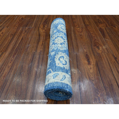 2'6"X7'9" Blue Peshawar Mahal Design Hand Knotted Runner Oriental Rug