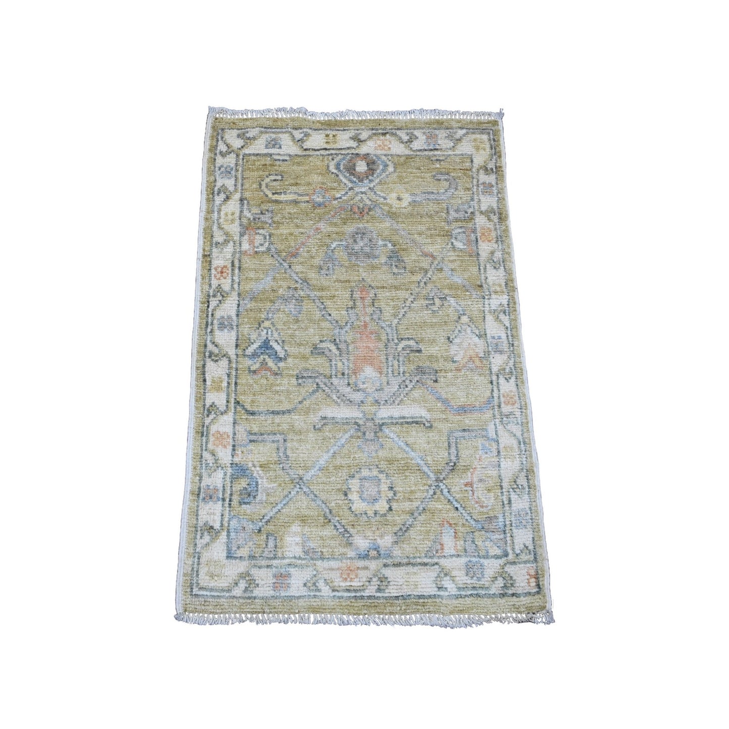 2'X3'2" Olive Green Hand Knotted Afghan Angora Oushak 100% Wool Mat Rug