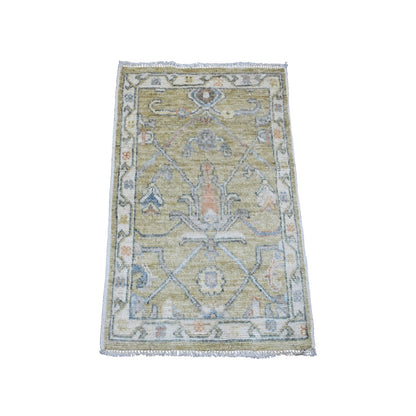2'X3'2" Olive Green Hand Knotted Afghan Angora Oushak 100% Wool Mat Rug