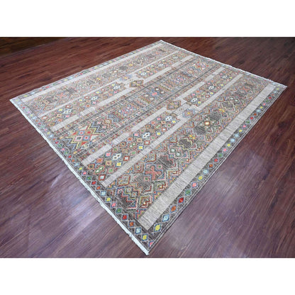 8'1"X9'6" Gray Geometric Design,Berber Influence Wool Hand Knotted Rug