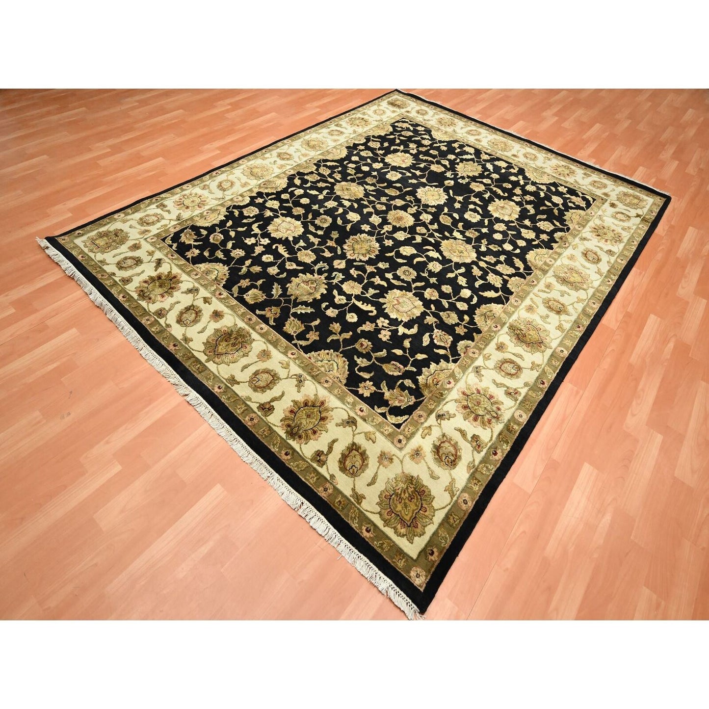 7'9"X10' Black Wool And Silk Hand Knotted Rajasthan All Over Design Rug