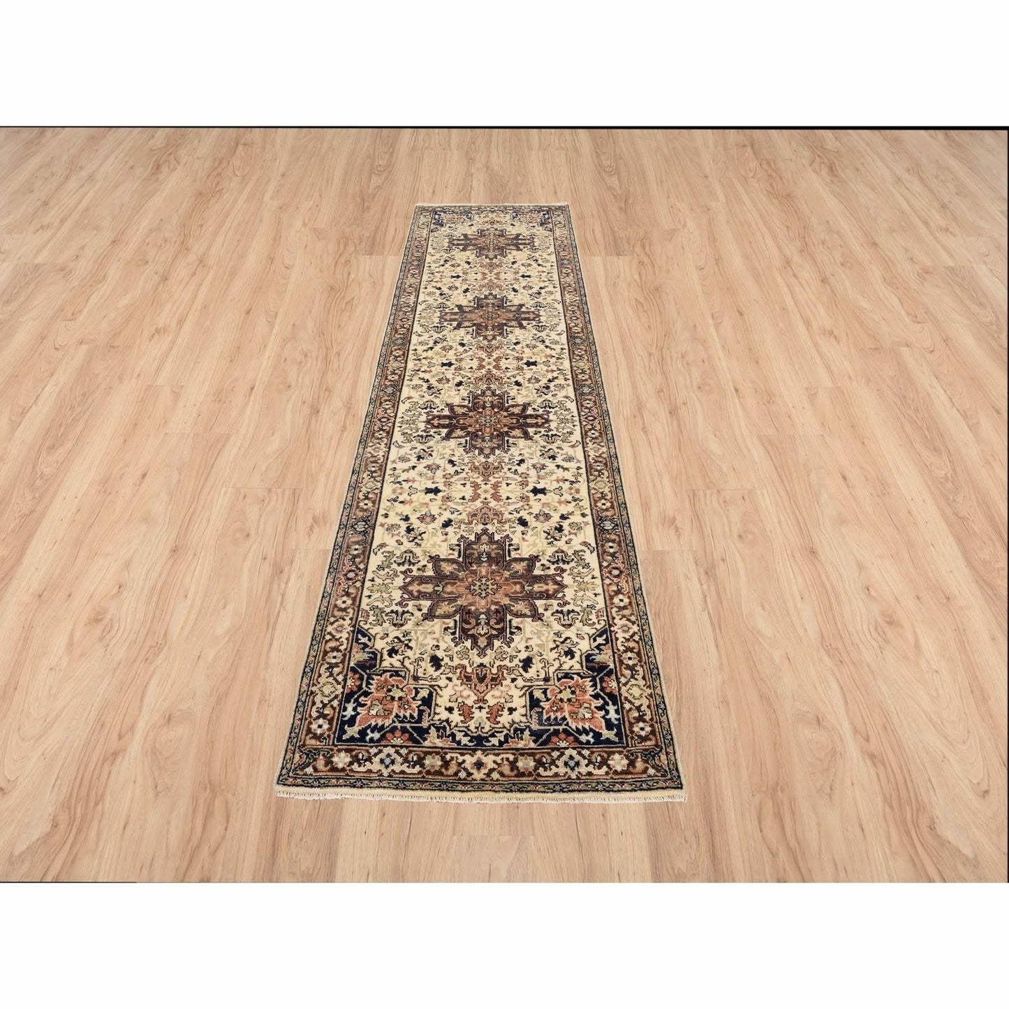 2'7"X10'3" Beige Antiqued Heris Re-Creation Wool Hand Knotted Runner Rug