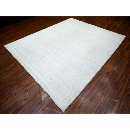 8'X9'8" Cream Hand Knotted White Wash Peshawar Extra Soft Wool Rug