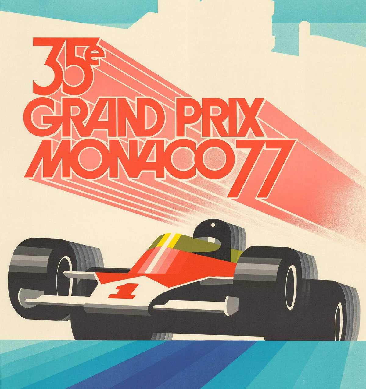 ROLAND HUGON Monaco Grand Prix 1977 39.5" x 26.75" Lithograph 1990 Vintage Blue