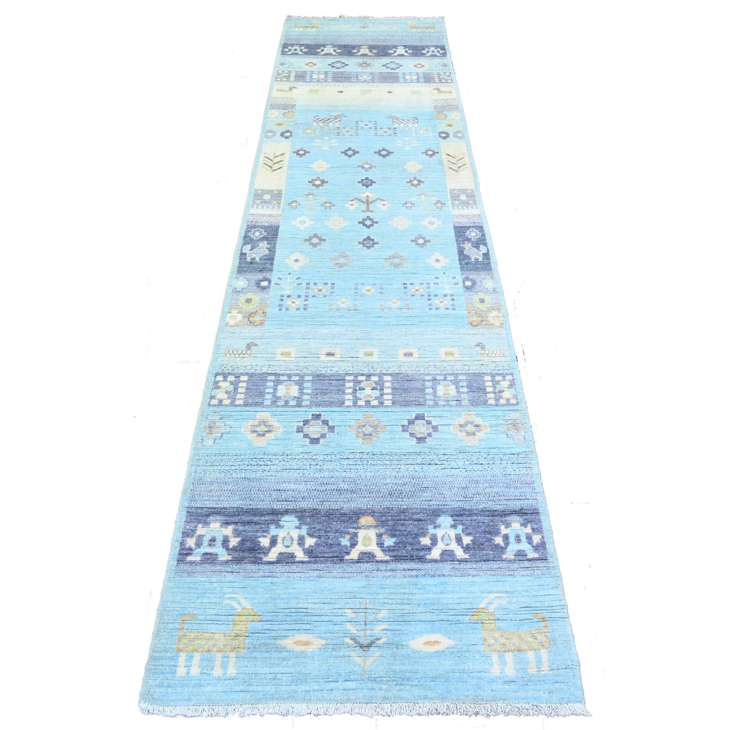2'8"X11' Blue Fine Kashkuli Gabbeh Soft Wool Hand Knotted Rug