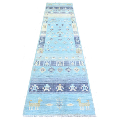 2'8"X11' Blue Fine Kashkuli Gabbeh Soft Wool Hand Knotted Rug