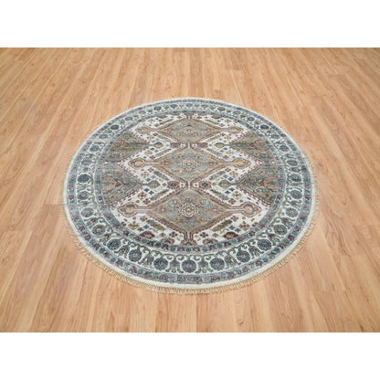 5'10"X5'10" Ivory Rosettes Border Wool Hand Knotted Round Oriental Rug