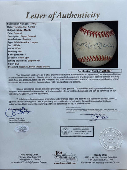Mickey Mantle Autographed American League Baseball (Jsa)