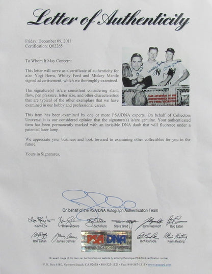 Mickey Mantle/Whitey Ford/Yogi Berra Signed Advertisement Framed Psa 193276