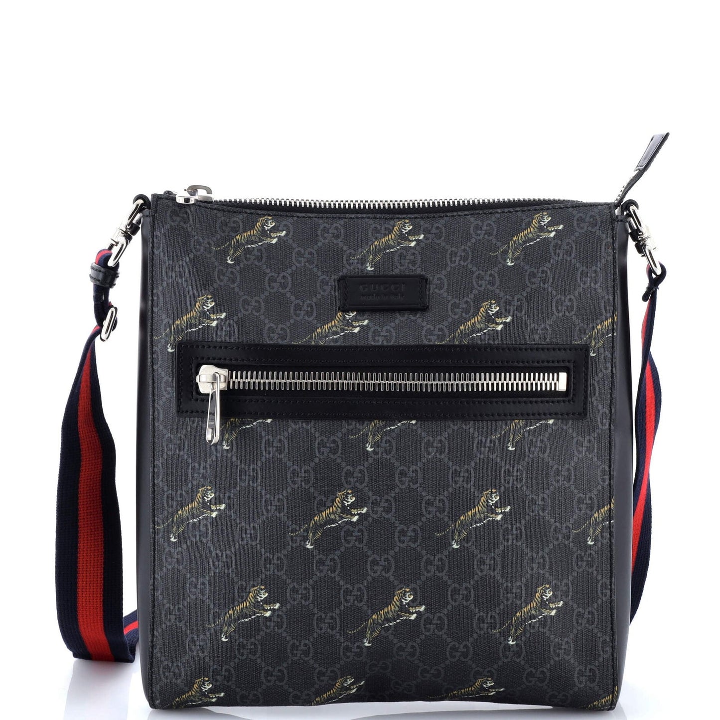 Gucci Web Strap Front Zip Messenger Bag Printed Gg Coated Canvas Medium