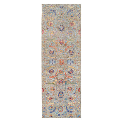 4'1"X12'2" Tan Sickle Design Silk And Wool Hand Knotted Wide Runner Rug