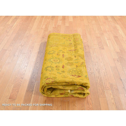 8'2"X10'1" Golden Overdyed Zoroastrian Design Wool Hand Knotted Rug