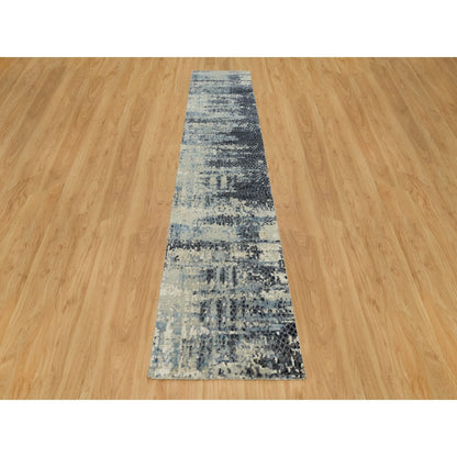 2'6"X12' Nevada Gray Wool And Silk Hand Knotted Modern Design Runner Rug