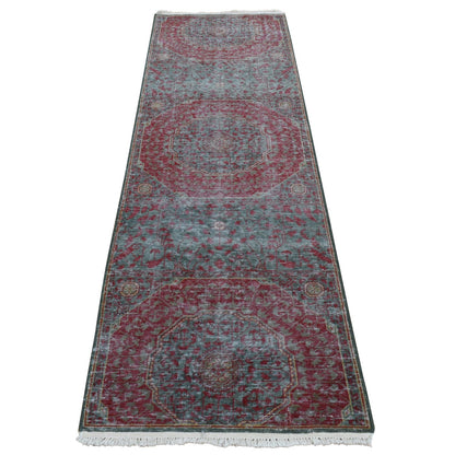 2'6"X9'10" Green Vintage Look Mamluk Worn Wool Hand Knotted Runner Rug