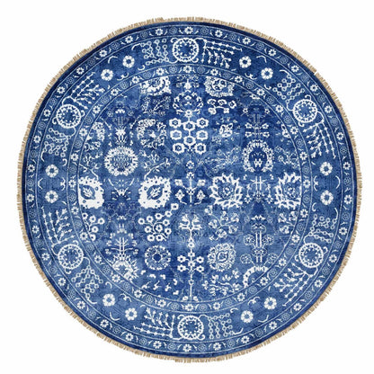 10'2"X10'2" Denim Blue Tebraz Wool And Silk Hand Knotted Round Rug