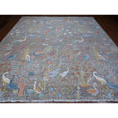 12'X12' Gray Hand Knotted Peshawar Birds Of Paradise Square Oriental Rug