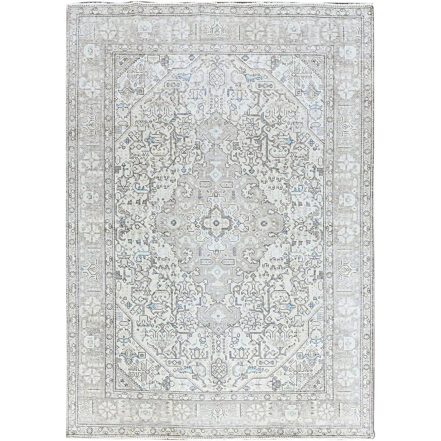 6'5"X9'1" Ivory Zoroastrian Secured Distressed Oriental Wool Rug