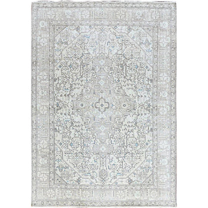 6'5"X9'1" Ivory Zoroastrian Secured Distressed Oriental Wool Rug
