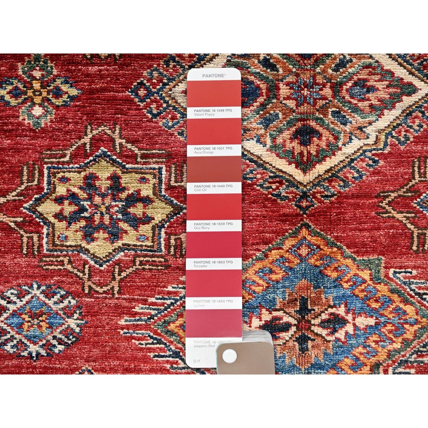 4'1"X5'9" Red Hand Knotted Afghan Super Kazak Medallions Design Wool Rug