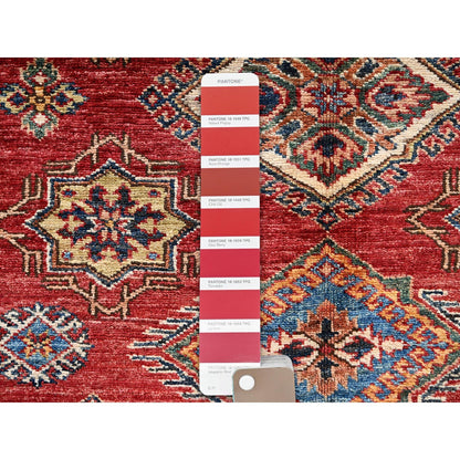 4'1"X5'9" Red Hand Knotted Afghan Super Kazak Medallions Design Wool Rug
