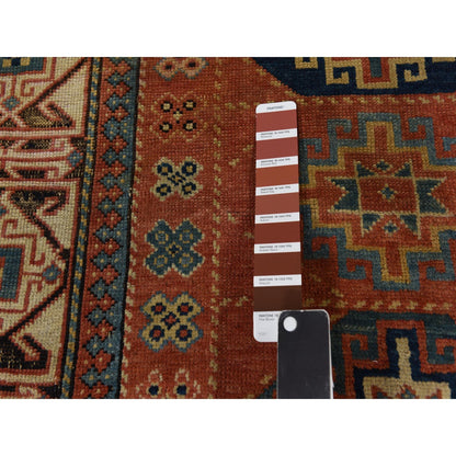 3'9"X8'4" Red Antique Caucasian Mogan Kazak Wool Hand Knotted Runner Rug
