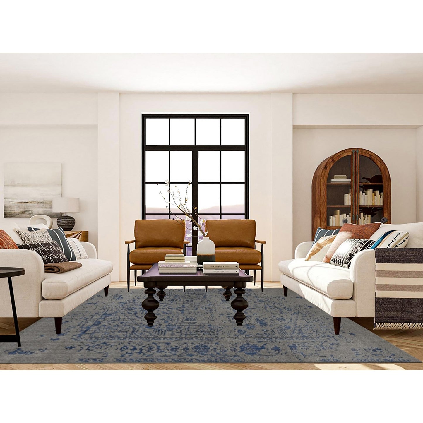 7'10"X10' Battleship Gray Jacquard Hand Loomed Hand Knotted Pure Wool Rug