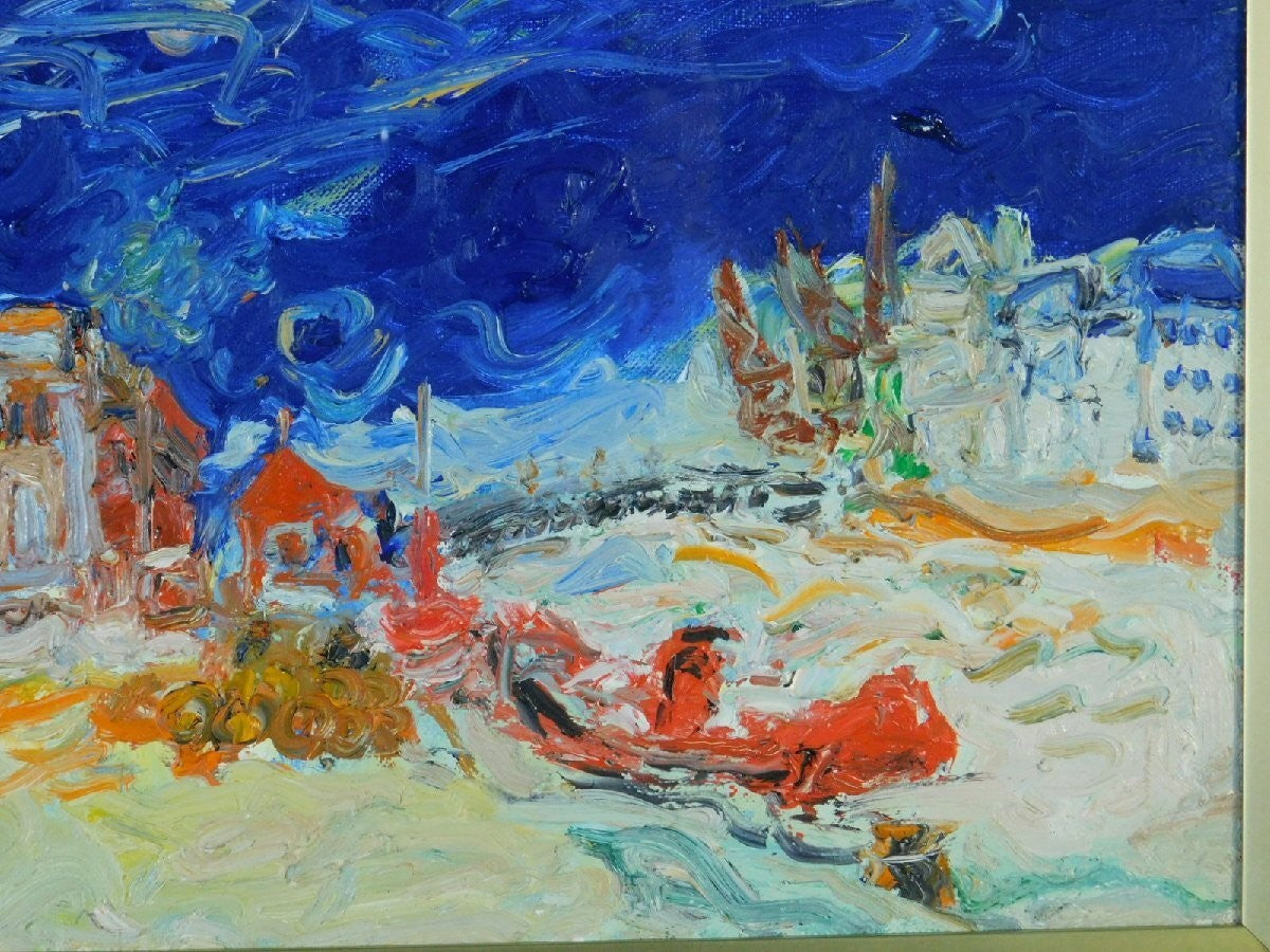 French Lyon Art Jean Fusaro Remorqueur Rouge 1970 Original Oil Painting
