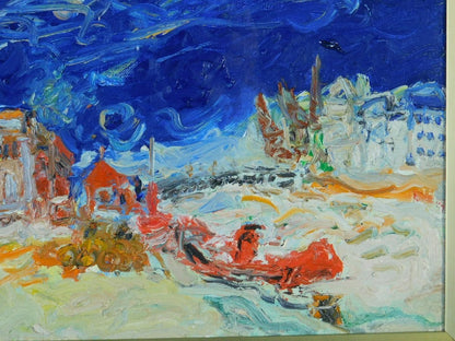 French Lyon Art Jean Fusaro Remorqueur Rouge 1970 Original Oil Painting