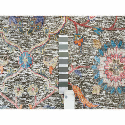 8'X10'1" Taupe Hand Knotted Striae Pattern Silk Textured Wool Rug