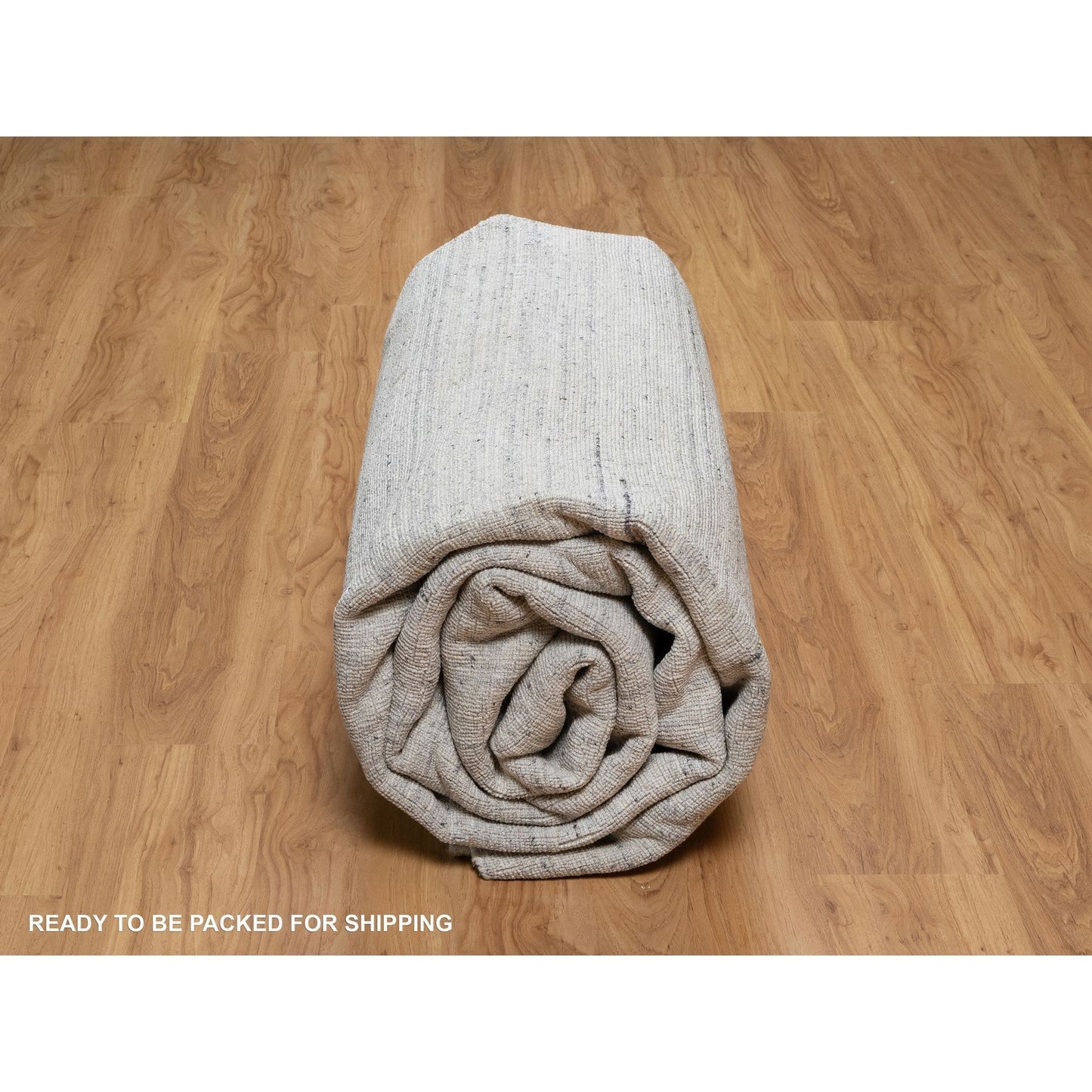 9'X12' Snow White Natural Wool Plain Modern Striae Design Hand Loomed Rug