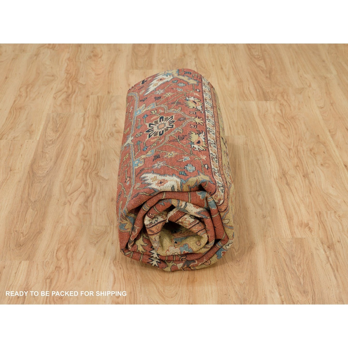 10'X10' Henna Red Antiqued Heris Hand Knotted Wool Square Oriental Rug