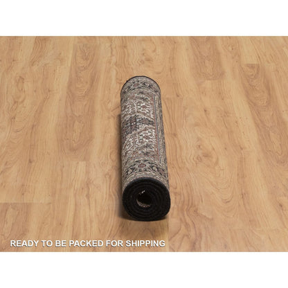 3'X5'4" Black Pure Wool Rug Tebraz Mahi With Medallion Design Hand Knotted