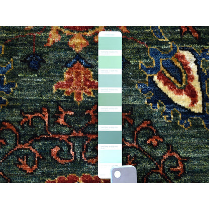 2'9"X9'7" Hand Knotted Green Afghan Turkoman Ersari Tribal Design Rug
