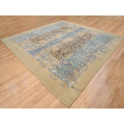 12'2"X12'2" Gold Brown Silk With Wool Hand Knotted Saroogh Square Rug