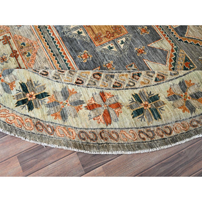 8'X8' Seared Gray Extra Soft Wool Caucasian Design Round Oriental Rug